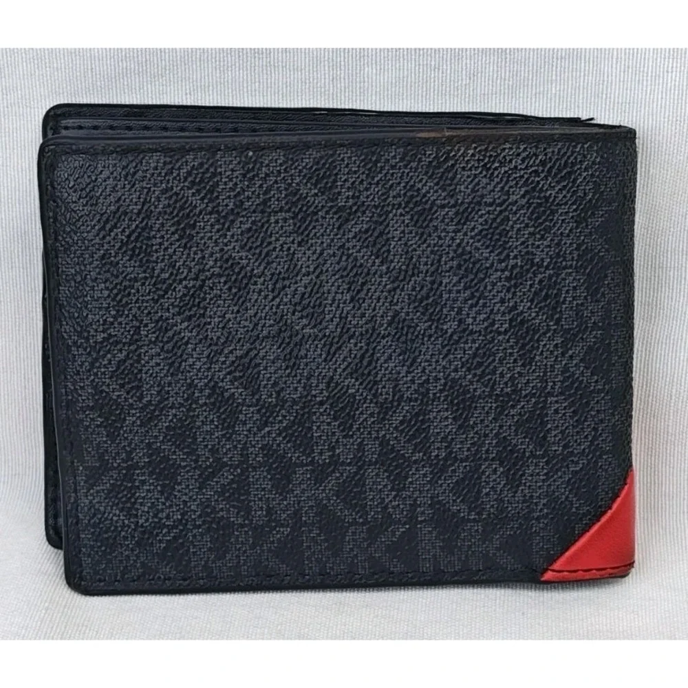 Michael‎ Kors MK Cooper Logo Stripe Billfold Wallet Black Red White 36F3GFLF1B